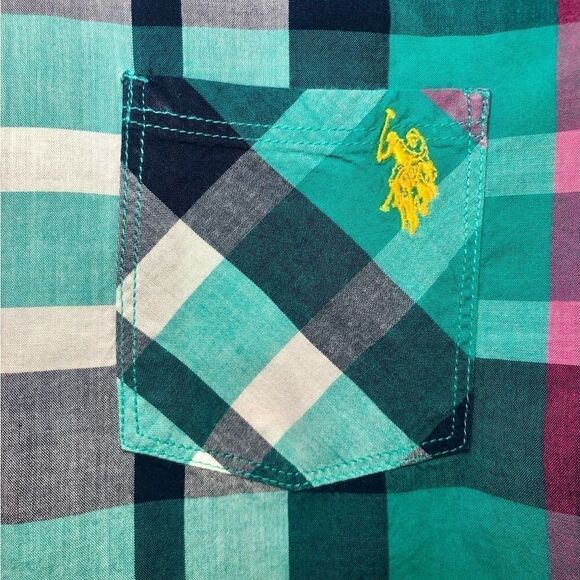 US Polo Assn Plaid Button Down Shirt Hot Pink/Teal Green/Navy Blue Juniors XL - Picture 3 of 7